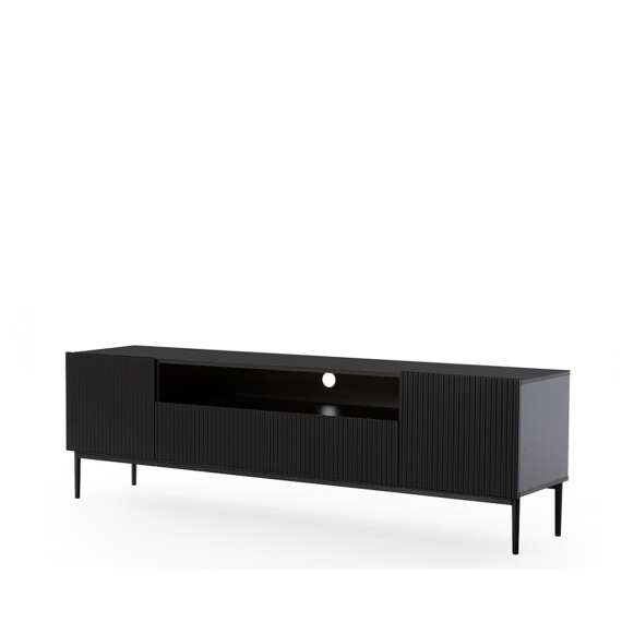 Tv-benk NICOLE - 200x60 cm - svart matt - 2 dører - 2 skuffer - metall bein