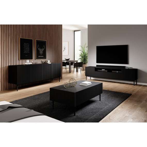 Tv-benk NICOLE - 200x60 cm - svart matt - 2 dører - 2 skuffer - metall bein