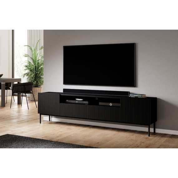 Tv-benk NICOLE - 200x60 cm - svart matt - 2 dører - 2 skuffer - metall bein