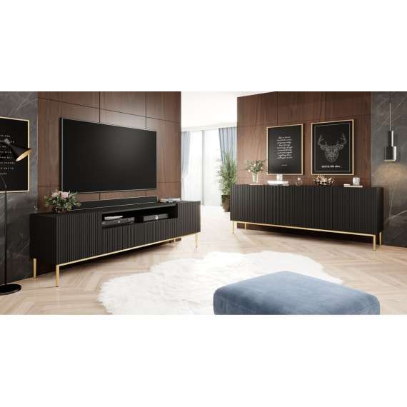Tv-benk NICOLE - 200x60 cm - svart matt - 2 dører - 2 skuffer - metall bein