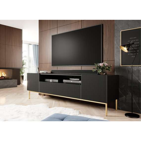 Tv-benk NICOLE - 200x60 cm - svart matt - 2 dører - 2 skuffer - metall bein