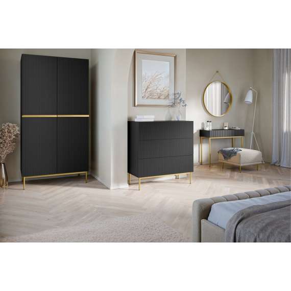 Sminkebord NICOLE - 100x82 cm - svart matt - 2 skuffer - metall bein