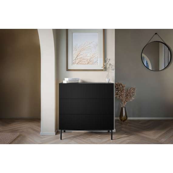 Skjenk NICOLE - 100x105 cm - svart matt - 3 skuffer - metall bein