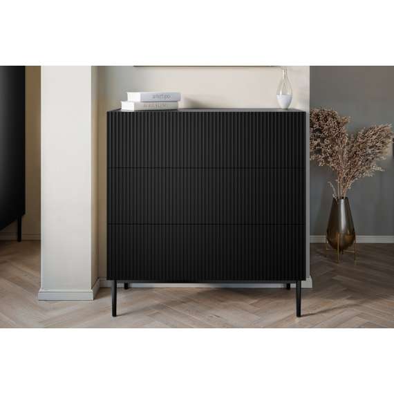 Skjenk NICOLE - 100x105 cm - svart matt - 3 skuffer - metall bein