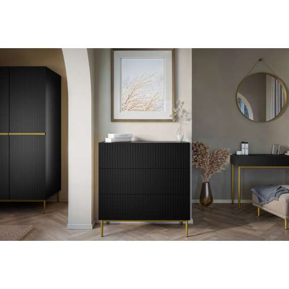 Skjenk NICOLE - 100x105 cm - svart matt - 3 skuffer - metall bein