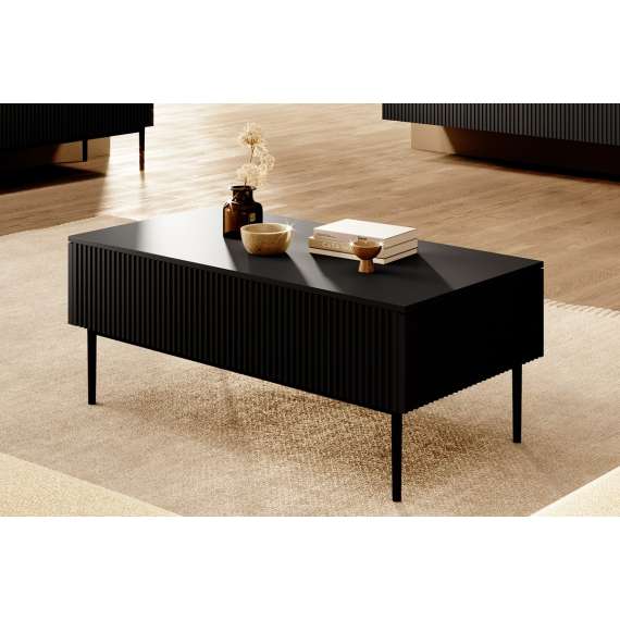 Sofabord NICOLE - 120x60 cm - svart matt - 2 skuffer - metall bein
