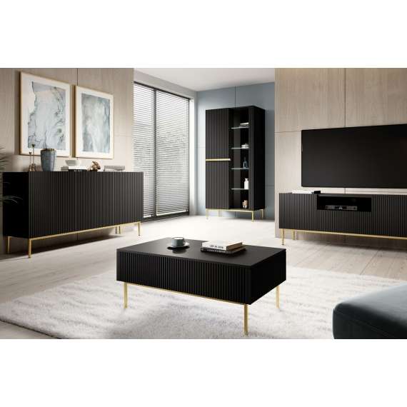 Sofabord NICOLE - 120x60 cm - svart matt - 2 skuffer - metall bein