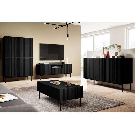 Skjenk NICOLE - 150x85 cm - svart matt - 3 dører - metall bein