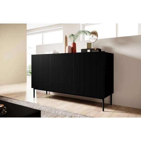 Skjenk NICOLE - 150x85 cm - svart matt - 3 dører - metall bein