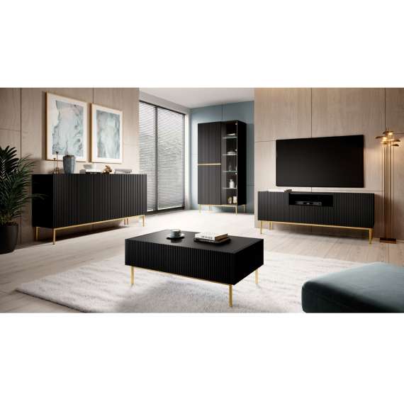 Skjenk NICOLE - 150x85 cm - svart matt - 3 dører - metall bein