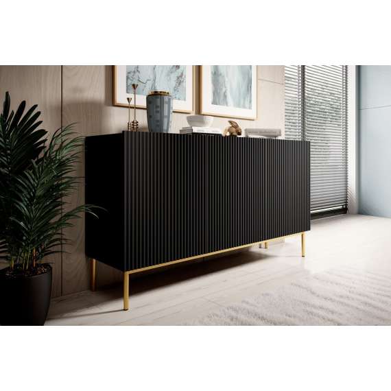 Skjenk NICOLE - 150x85 cm - svart matt - 3 dører - metall bein