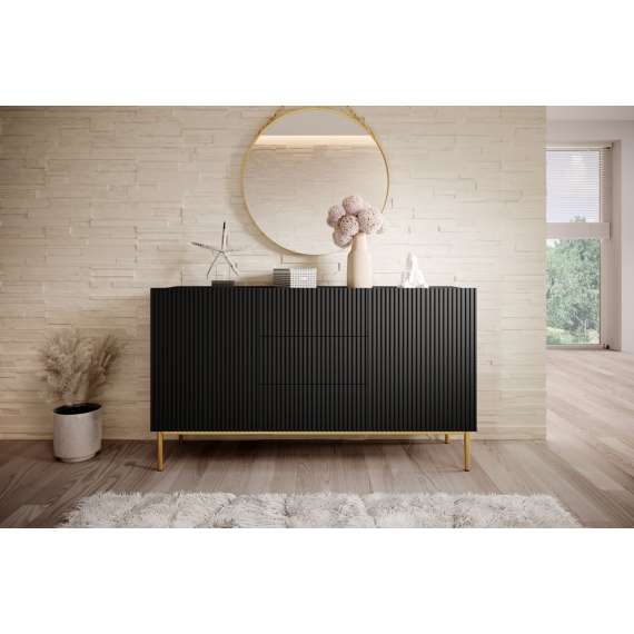 Skjenk NICOLE - 150x85 cm - svart matt - 2 dører - 3 skuffer - metall bein