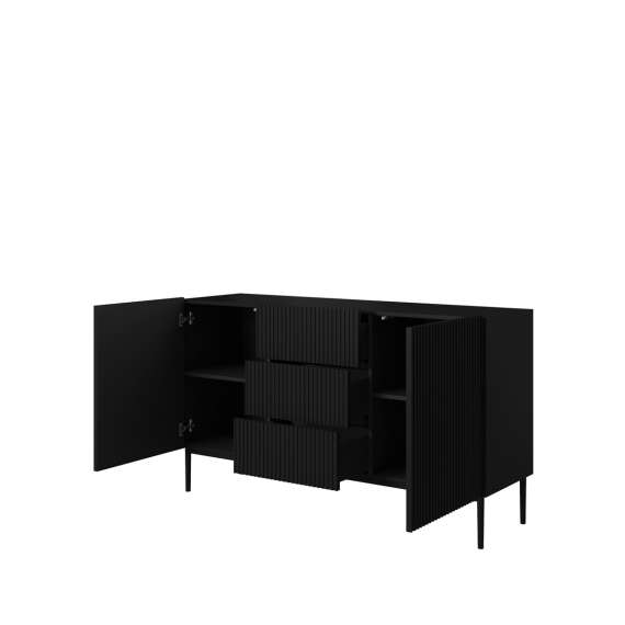 Skjenk NICOLE - 150x85 cm - svart matt - 2 dører - 3 skuffer - metall bein