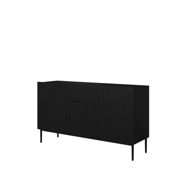 Skjenk NICOLE - 150x85 cm - svart matt - 2 dører - 3 skuffer - metall bein