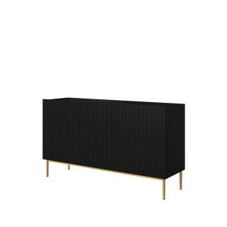 Skjenk NICOLE - 150x85 cm - svart matt - 2 dører - 3 skuffer - metall bein