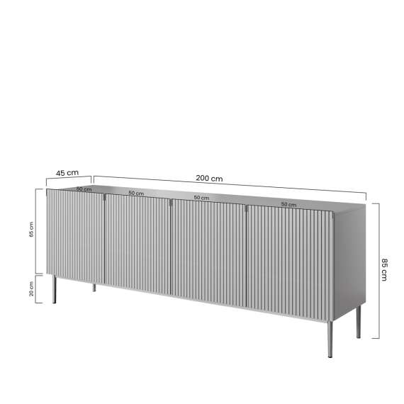 Skjenk NICOLE - 200x85 cm - svart matt - 4 dører - metall bein