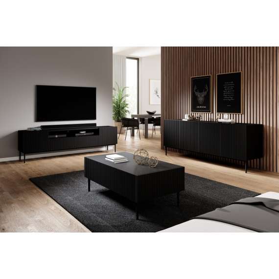 Skjenk NICOLE - 200x85 cm - svart matt - 4 dører - metall bein