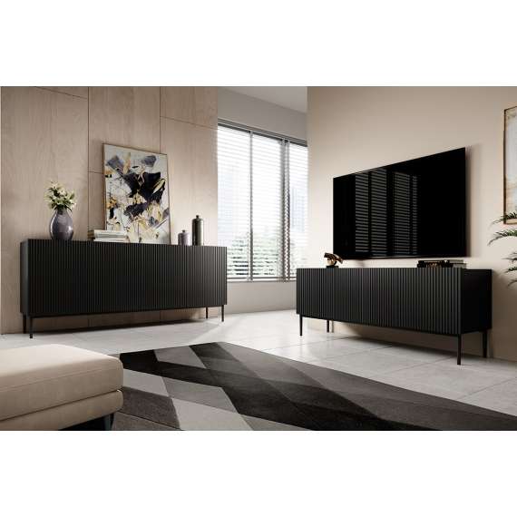 Skjenk NICOLE - 200x85 cm - svart matt - 4 dører - metall bein