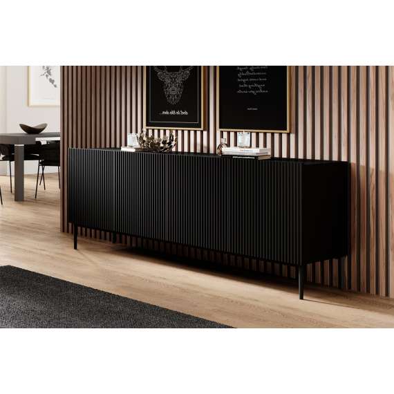 Skjenk NICOLE - 200x85 cm - svart matt - 4 dører - metall bein