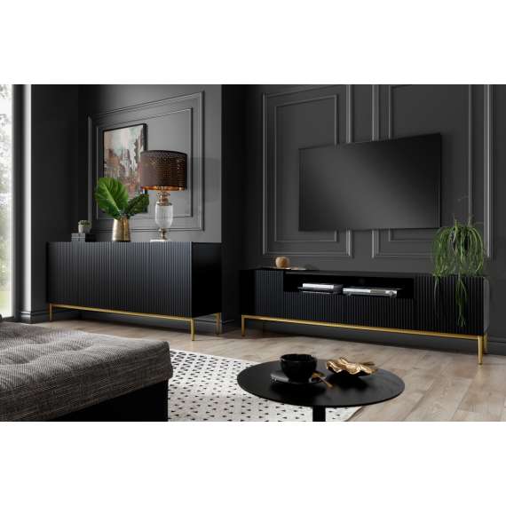 Skjenk NICOLE - 200x85 cm - svart matt - 4 dører - metall bein