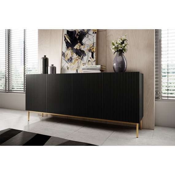 Skjenk NICOLE - 200x85 cm - svart matt - 4 dører - metall bein