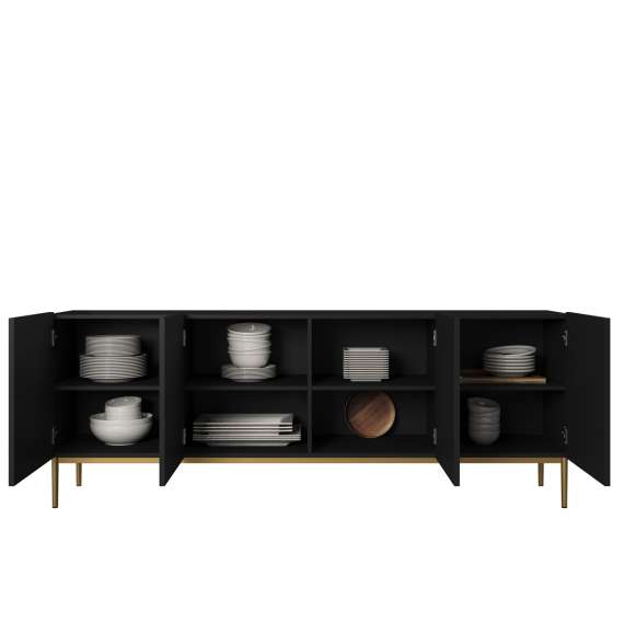 Skjenk NICOLE - 200x85 cm - svart matt - 4 dører - metall bein
