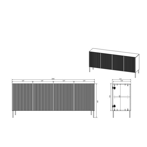 Skjenk NICOLE - 200x85 cm - svart matt - 4 dører - metall bein