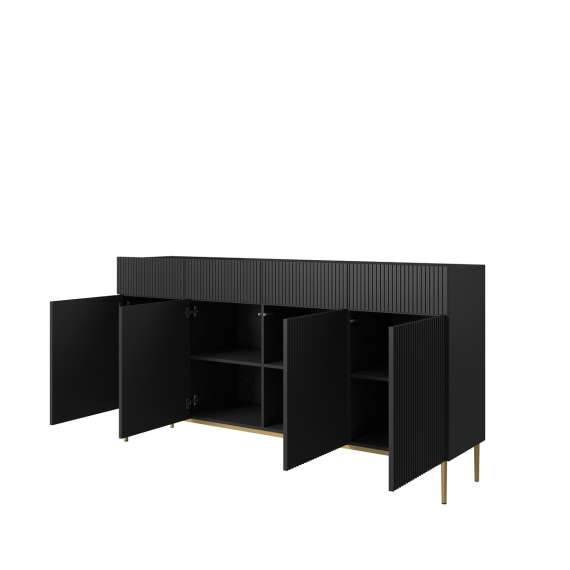 Skjenk NICOLE - 200x85 cm - svart matt - 4 dører - 4 skuffer - metall bein