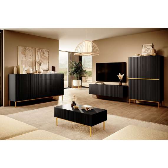 Skjenk NICOLE - 200x85 cm - svart matt - 4 dører - 4 skuffer - metall bein