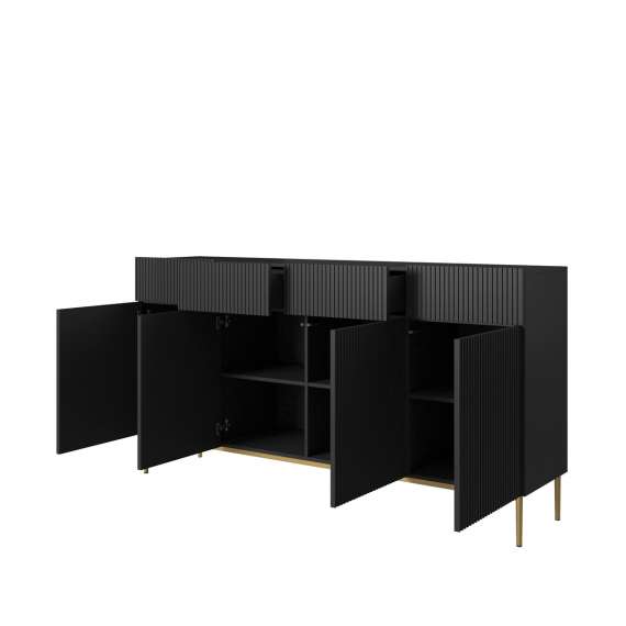 Skjenk NICOLE - 200x85 cm - svart matt - 4 dører - 4 skuffer - metall bein