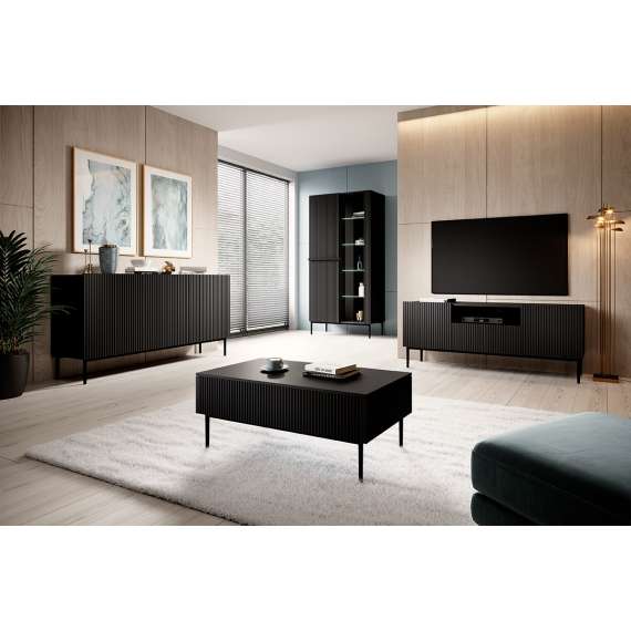 Vitrineskap NICOLE - 100x200 cm - svart matt - 2 dører -  metall bein