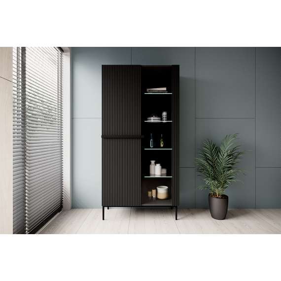 Vitrineskap NICOLE - 100x200 cm - svart matt - 2 dører -  metall bein