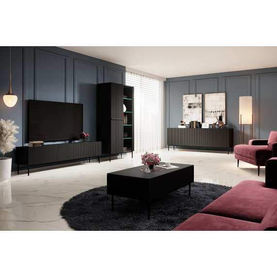 Vitrineskap NICOLE - 100x200 cm - svart matt - 2 dører -  metall bein