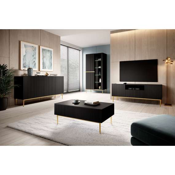 Vitrineskap NICOLE - 100x200 cm - svart matt - 2 dører -  metall bein