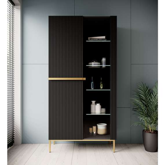 Vitrineskap NICOLE - 100x200 cm - svart matt - 2 dører -  metall bein