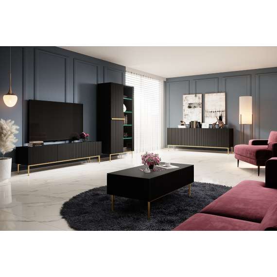 Vitrineskap NICOLE - 100x200 cm - svart matt - 2 dører -  metall bein