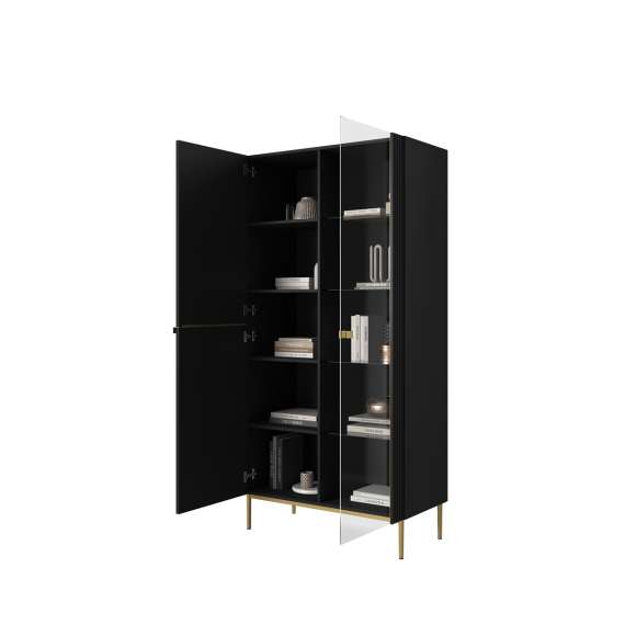 Vitrineskap NICOLE - 100x200 cm - svart matt - 2 dører -  metall bein
