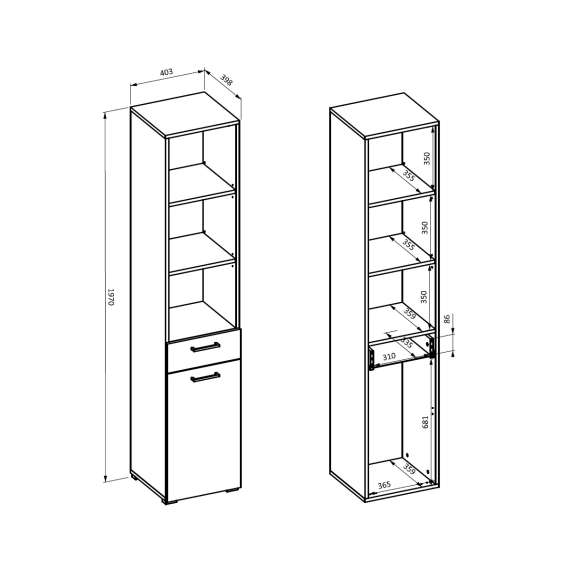Skap til vaskerom ROTA 40x197 cm - med skittentøyskurv