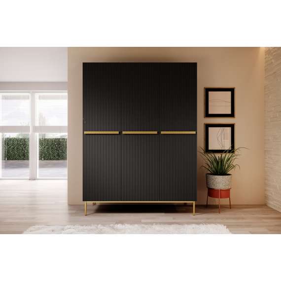 Garderobeskap NICOLE - 150x220 cm - svart matt - 3 dører -  metall bein