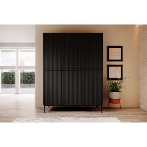Garderobeskap NICOLE - 150x220 cm - svart matt - 3 dører -  innvendige skuffer