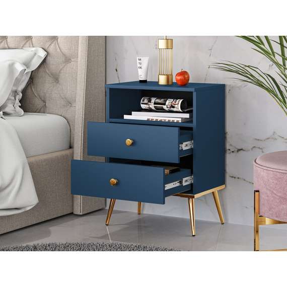 Nattbord MARINE - 50x70 cm - marineblå - 2 skuffer - metall bein