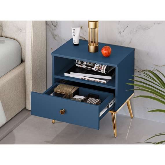 Nattbord MARINE - 50x54 cm - marineblå - 1 skuff - metall bein