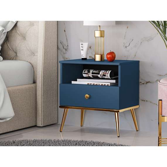 Nattbord MARINE - 50x54 cm - marineblå - 1 skuff - metall bein