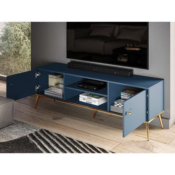 Tv-benk MARINE - 160x54 cm - marineblå - 2 dører - metall bein