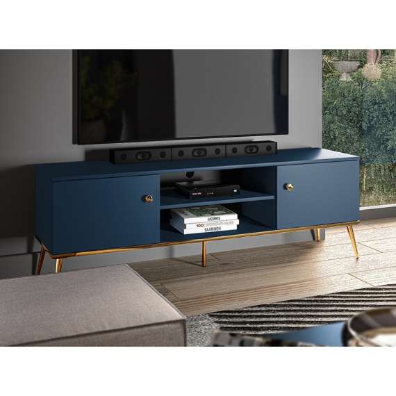 Tv-benk MARINE - 160x54 cm - marineblå - 2 dører - metall bein