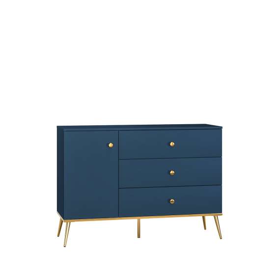 Skjenk MARINE - 120x85 cm - marineblå - 1 dør - 3 skuffer - metall bein