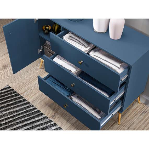Skjenk MARINE - 120x85 cm - marineblå - 1 dør - 3 skuffer - metall bein
