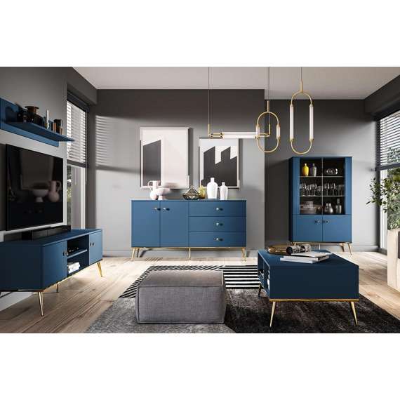 Skjenk MARINE - 160x85 cm - marineblå - 2 dører - 3 skuffer - metall bein