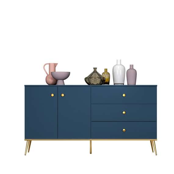 Skjenk MARINE - 160x85 cm - marineblå - 2 dører - 3 skuffer - metall bein