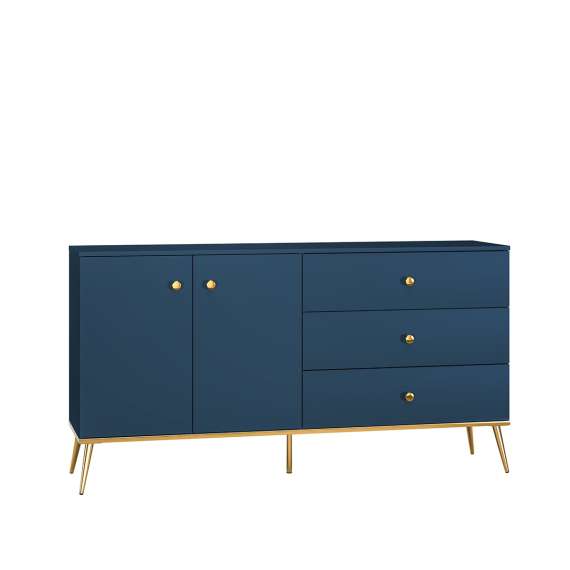 Skjenk MARINE - 160x85 cm - marineblå - 2 dører - 3 skuffer - metall bein